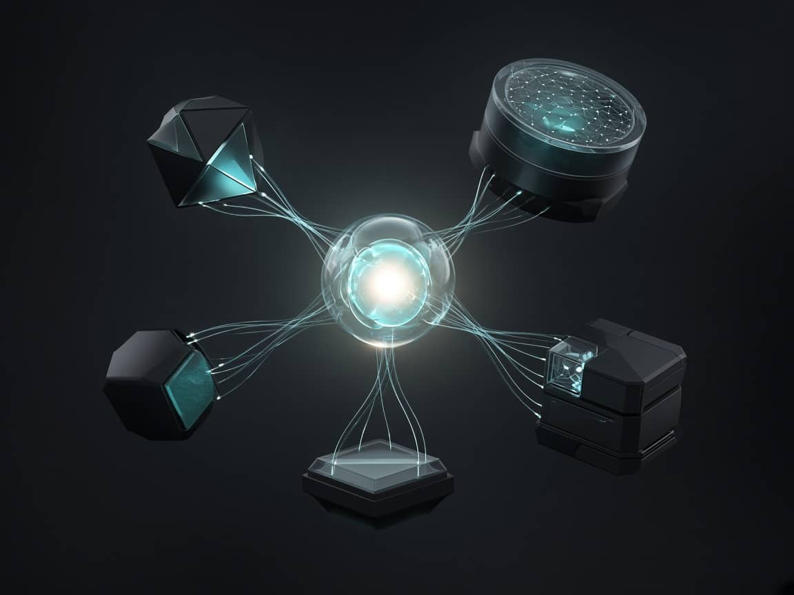 A glowing central node linked by fine lines to surrounding modules.